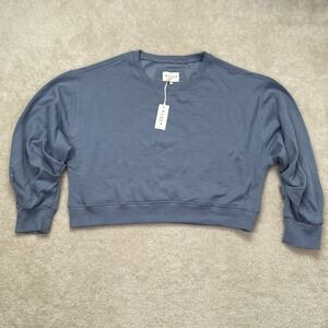 Risen Jeans Sweatshirt Womens Large Blue Ruched Long Sleeve Cropped Crewneck NWT